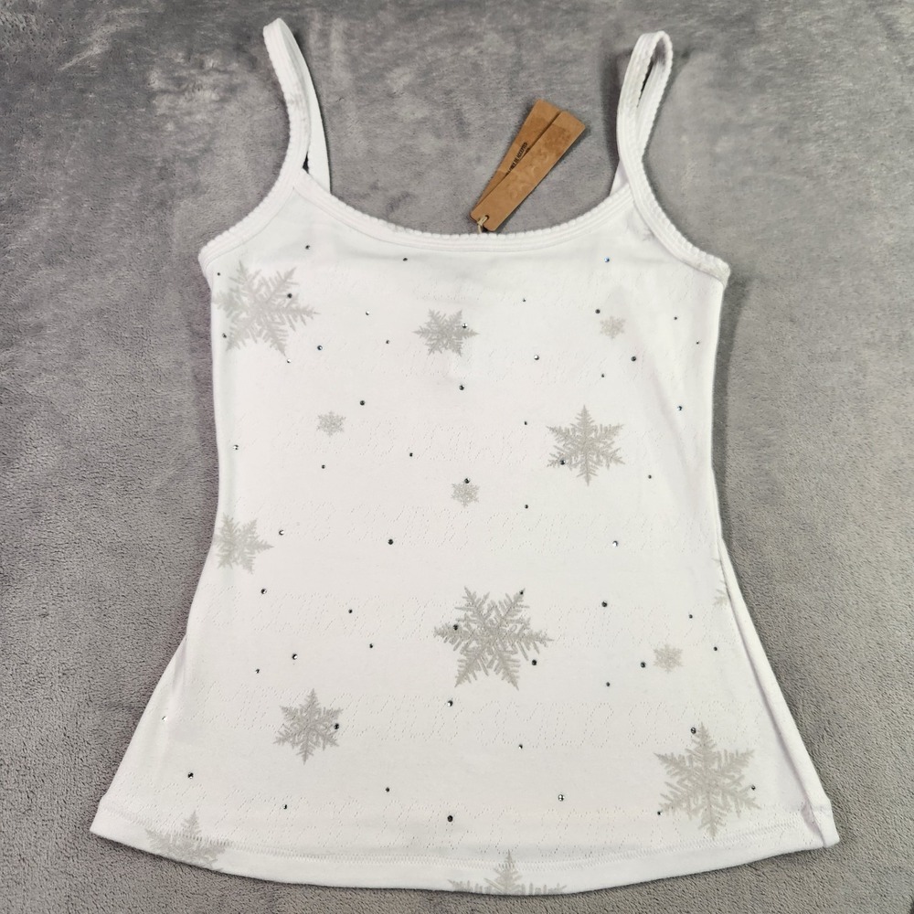 New XS SKIMS Logo Plush Pointelle Cami Tank Top Rhinestone Snowflake WhiteRare
